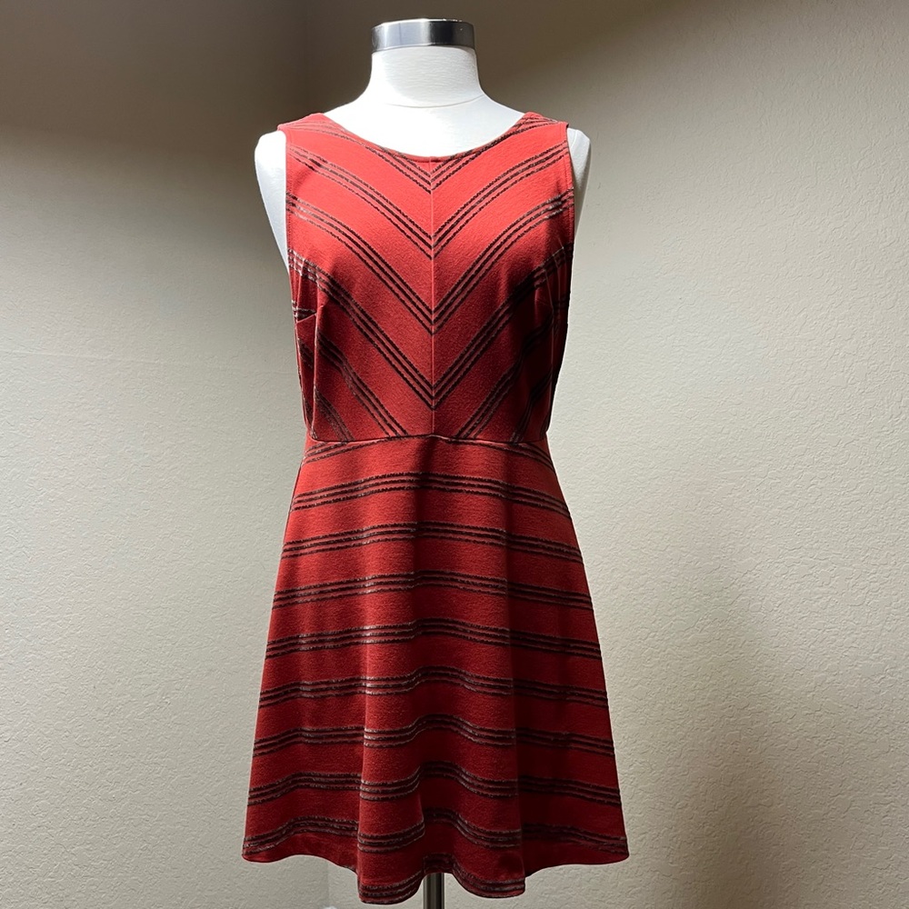 Free People Orange Striped Mini Dress Size L 12 Deep-V Open Arms Fit-And-Flare - Picture 1 of 5